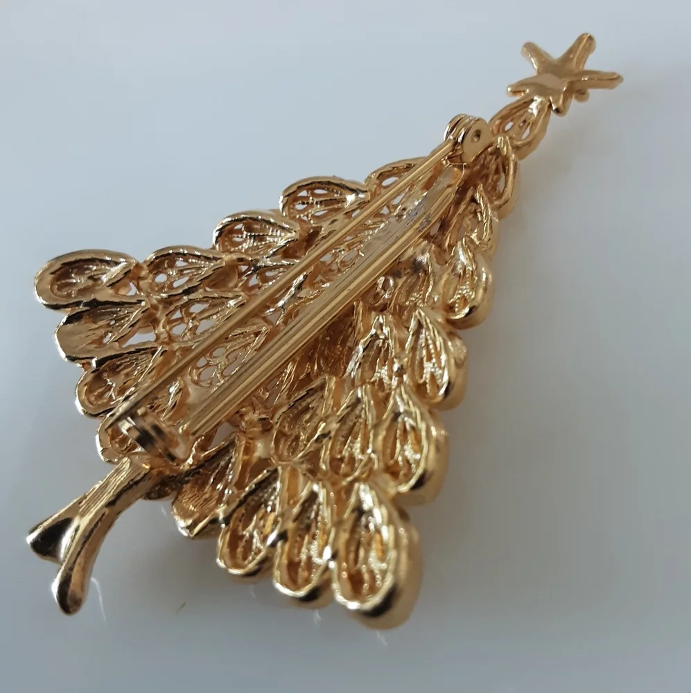 Christmas Tree Brooch Gold Tone | Colored Rhinestones